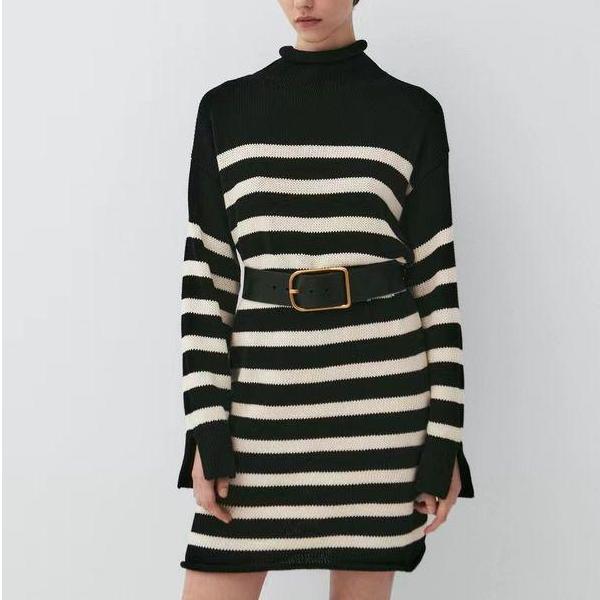 Autumn Slim-Fit Striped Turtleneck Knit Dress