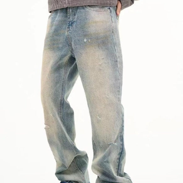 Loose Straight Leisure Washed-out Worn Jeans Men