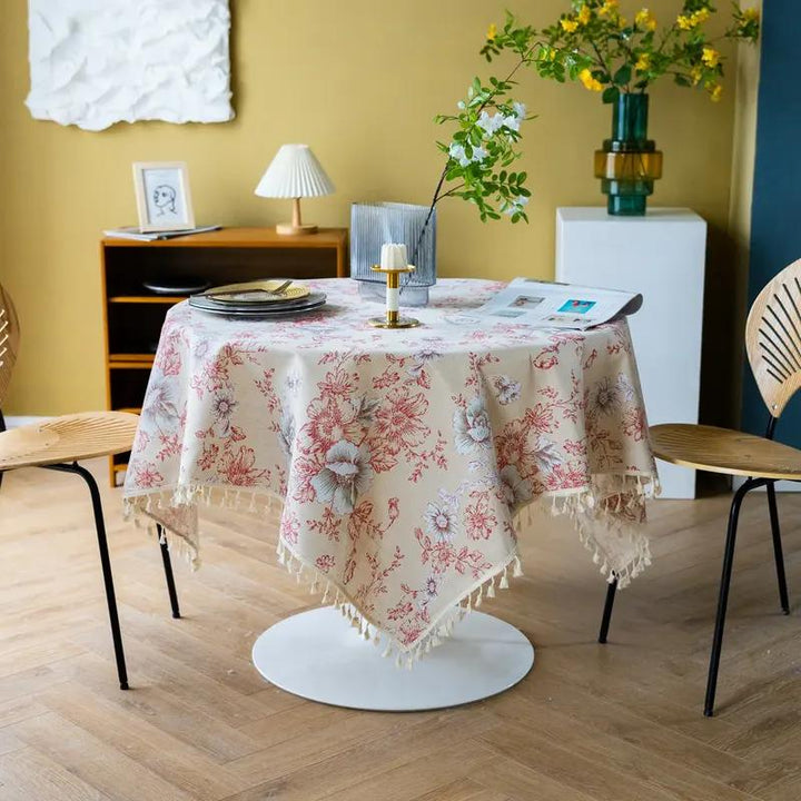 Peony Print Cotton Linen Tablecloth with Tassels for Elegant Home Décor