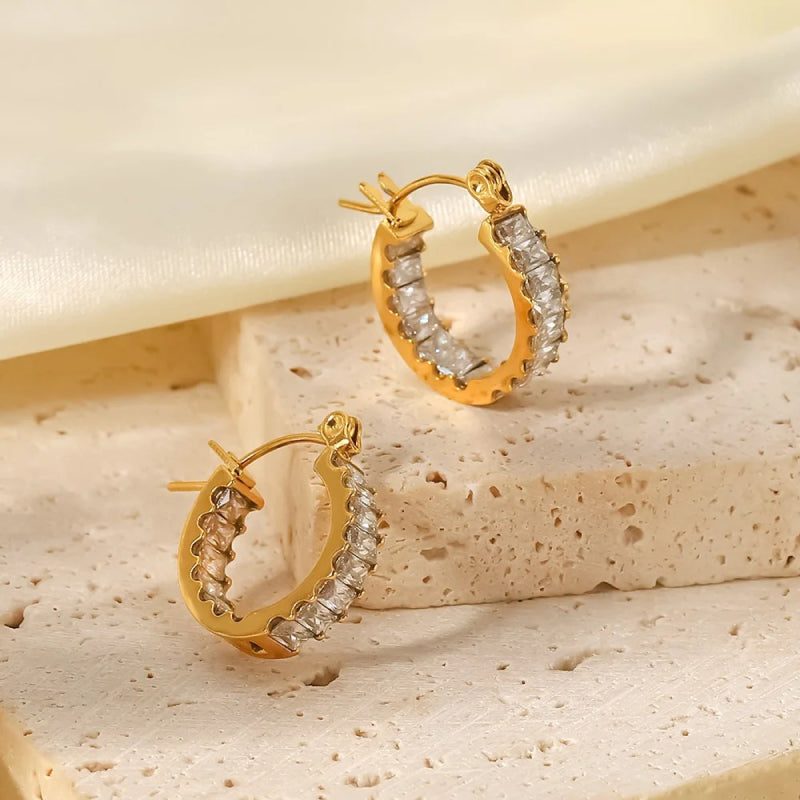 Trendy Waterproof Gold Stainless Steel Hoop Earrings with Cubic Zirconia