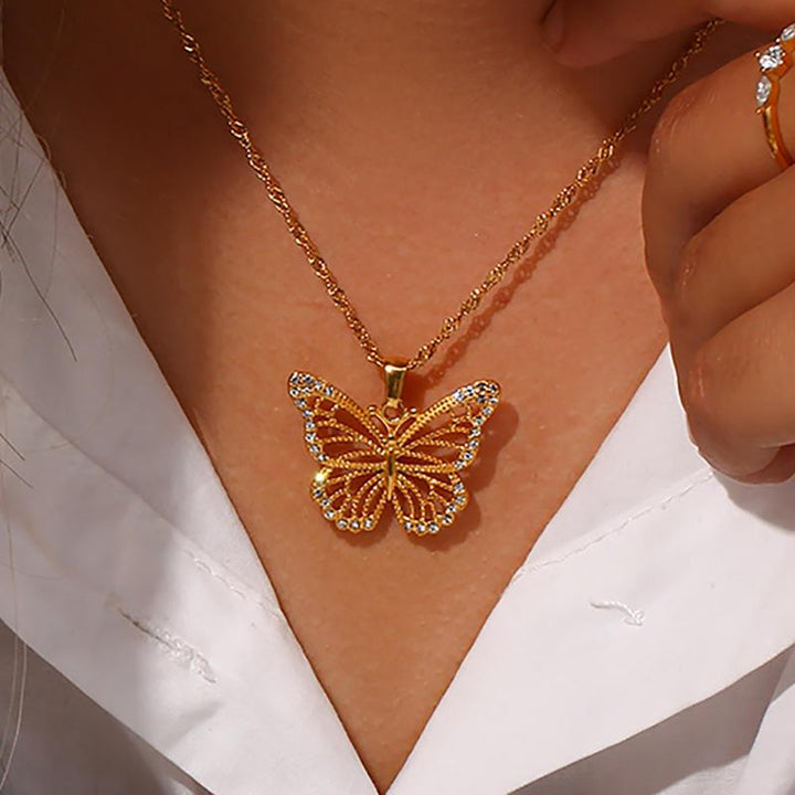 18K Gold Plated Butterfly Pendant Necklace with Zircon Crystals