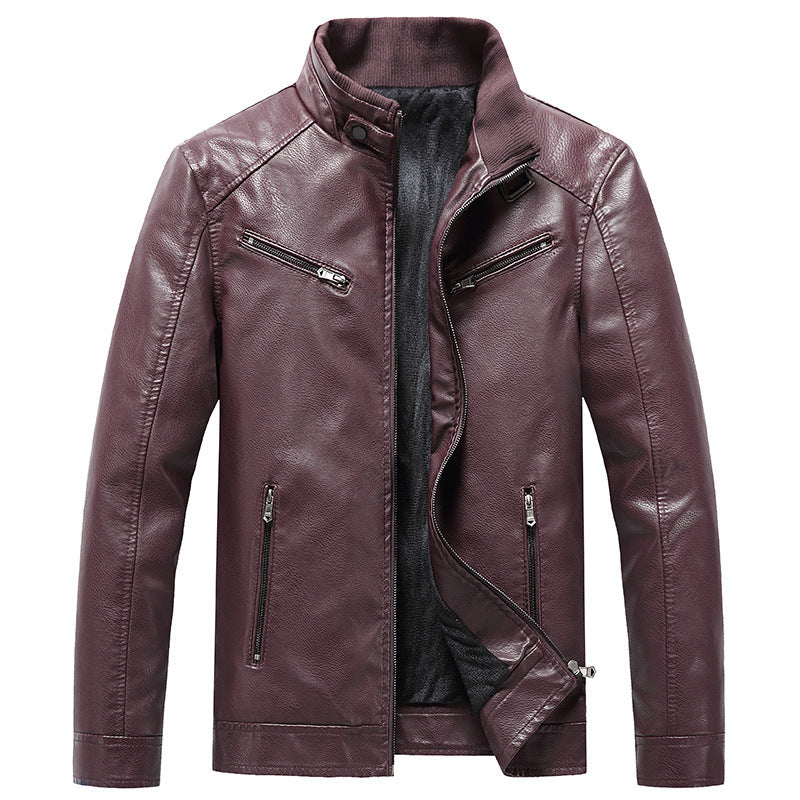 Men's Fleece Padded Coat Casual Korean-style Stand Collar PU Leather Jacket Trendy Youth