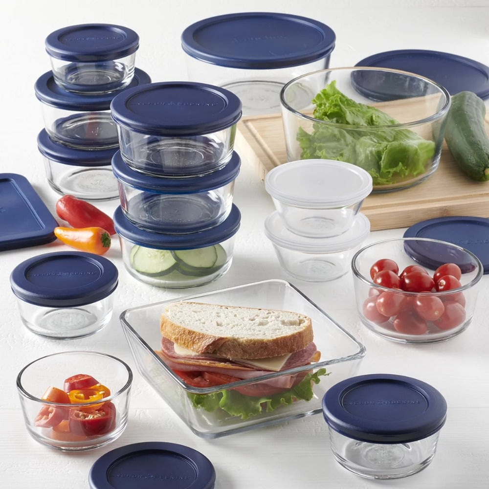 30-Piece Glass Food Storage Set with Navy Lids