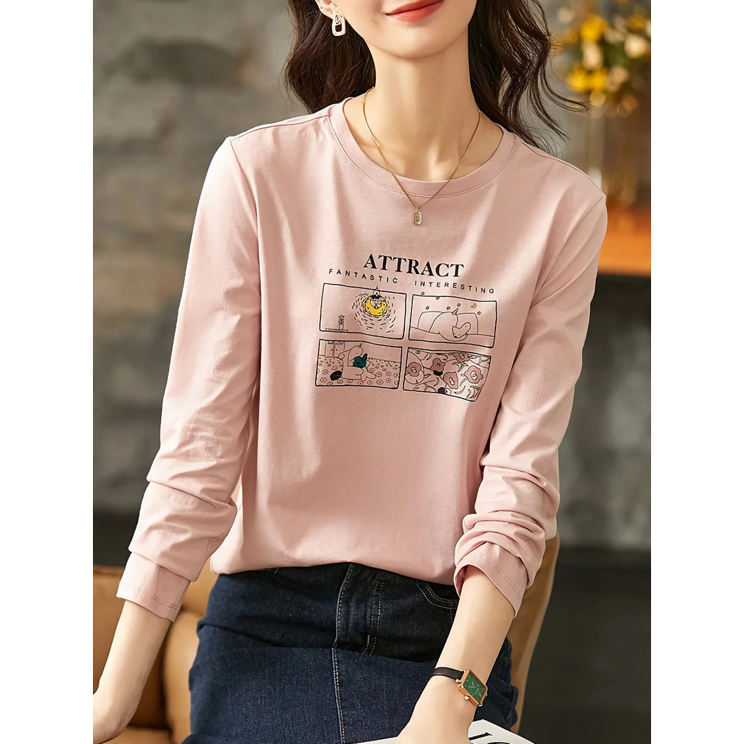 Cotton Cartoon Printed O-Neck Women’s Autumn Pullover