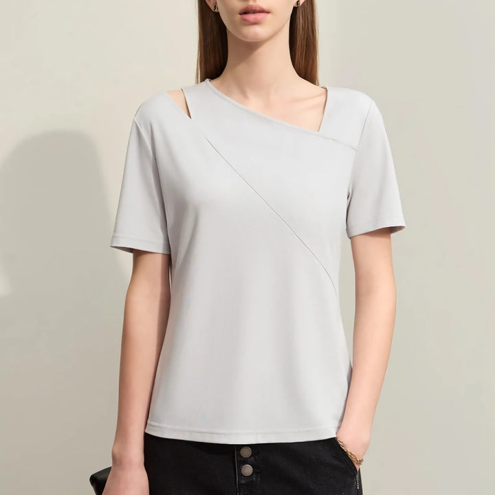 Asymmetric Oblique V-neck Split Short-sleeved Slim Stretch Casual Top