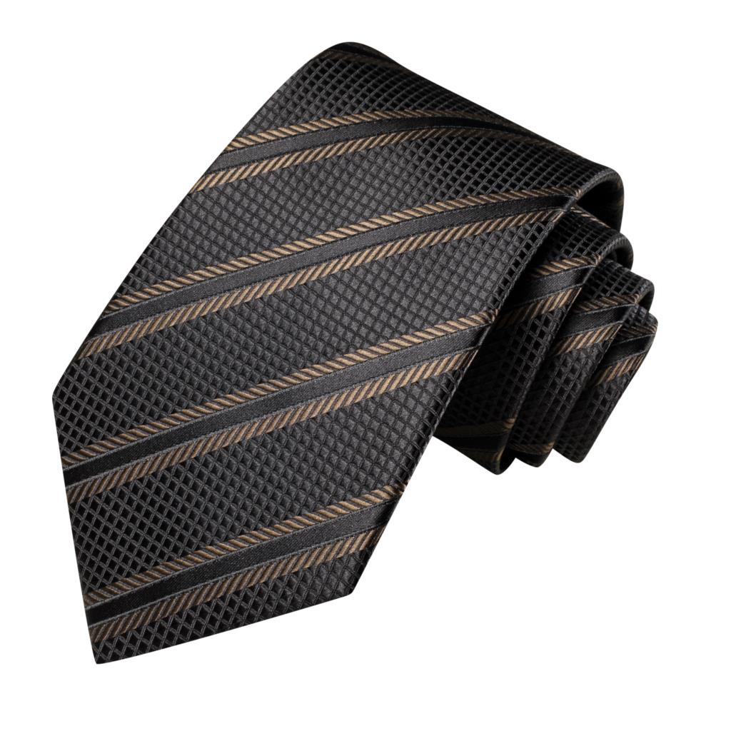 Black Brown Striped Necktie Set with Handkerchief and Cufflinks