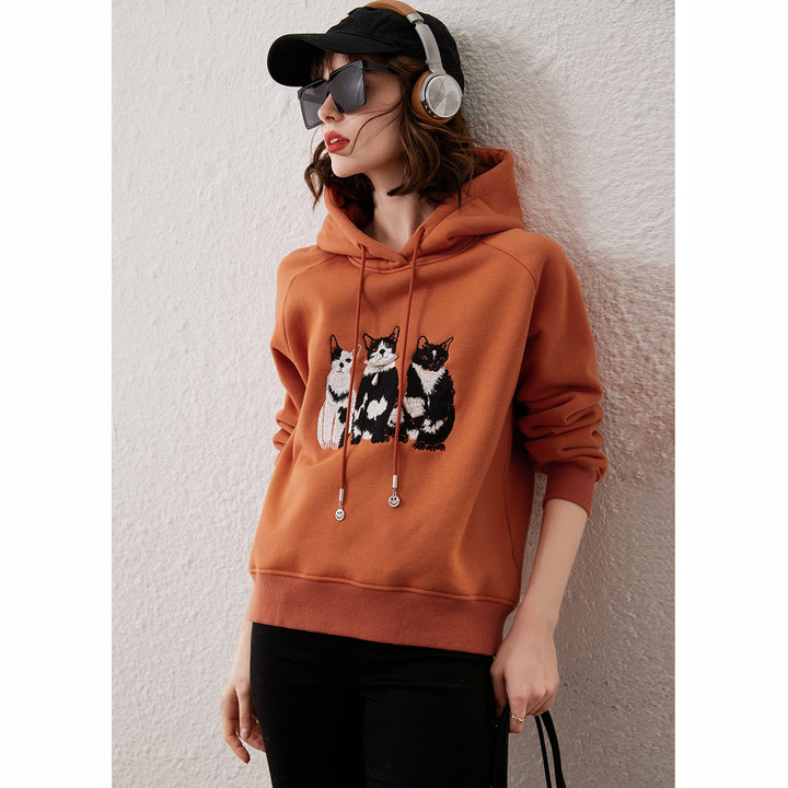 Plush Cat Embroidery Hooded Pullover Top