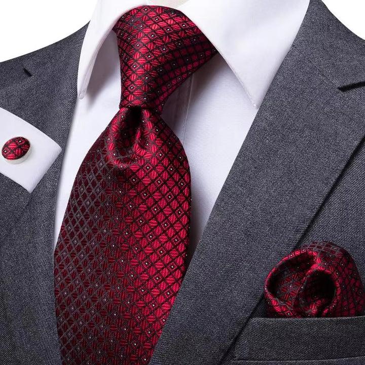 Elegant Red Plaid Silk Tie with Cufflinks and Handkerchief