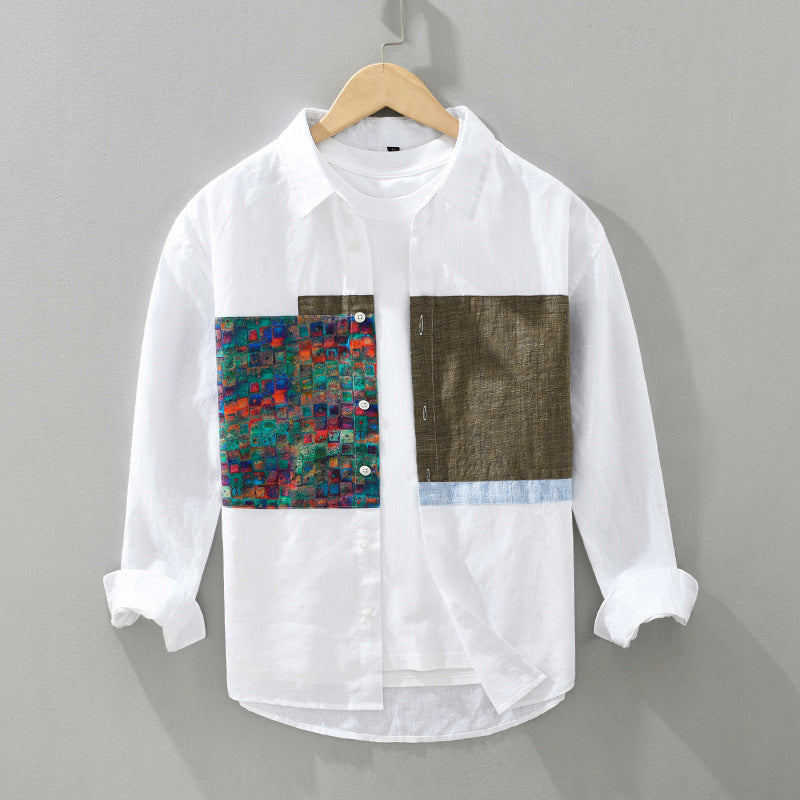 Stitching Shirt Men's Youth Design Leisure Loose Cotton And Linen Tops