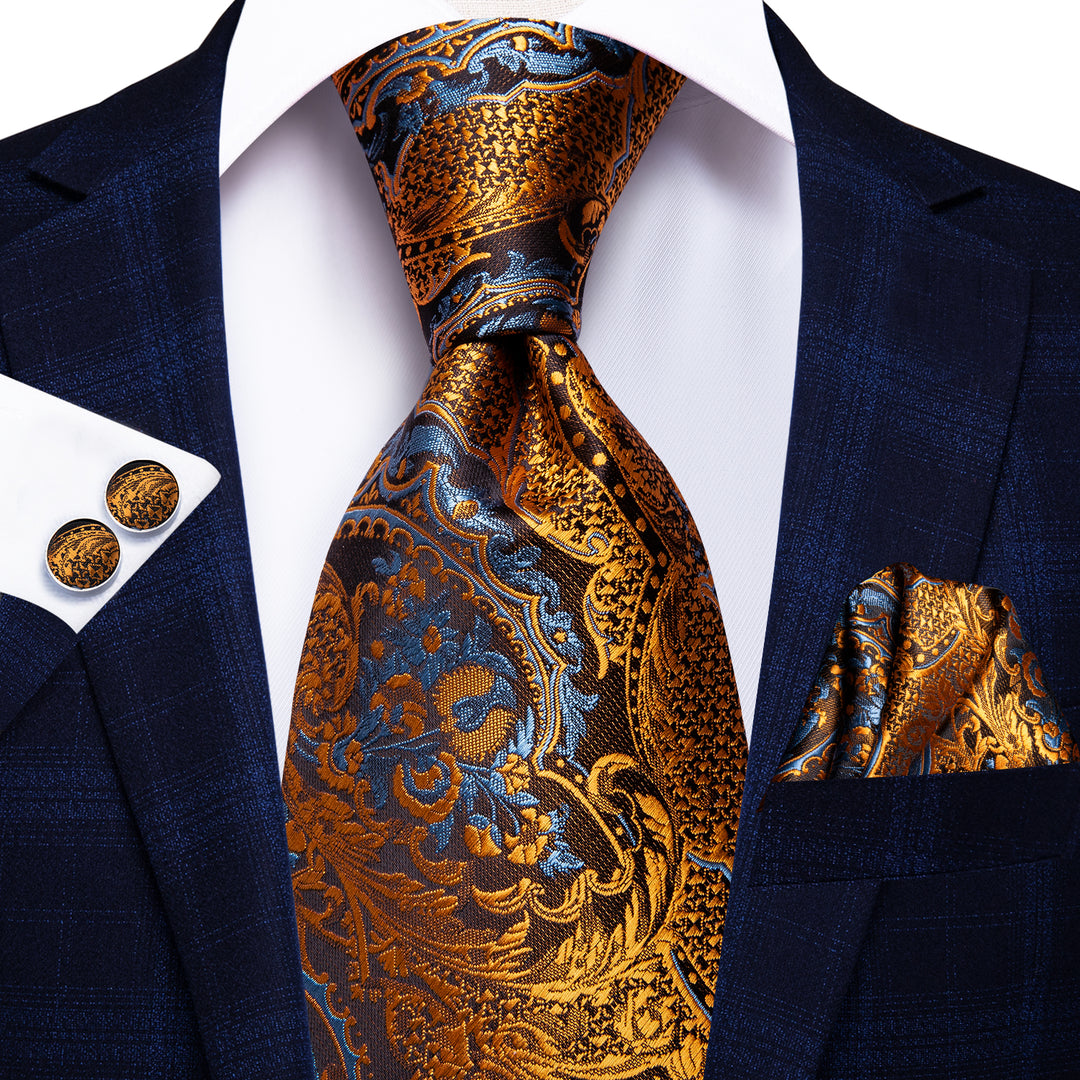 Luxury Silk Floral Black Gold Paisley Tie Set with Pocket Square & Cufflinks