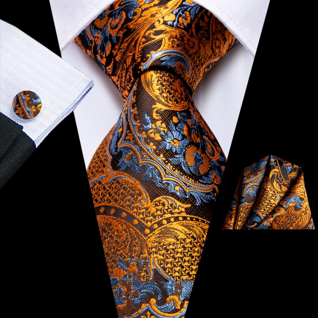 Luxury Silk Floral Black Gold Paisley Tie Set with Pocket Square & Cufflinks