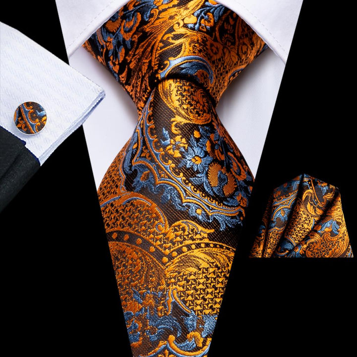 Luxury Silk Floral Black Gold Paisley Tie Set with Pocket Square & Cufflinks