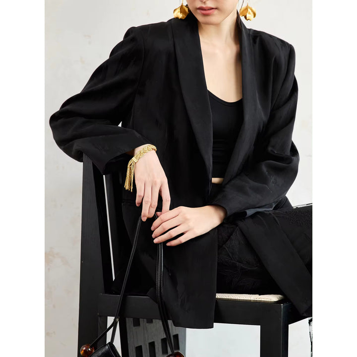 Elegant Black Blazer Coat with Neckline Ribbon Design for Office Ladies