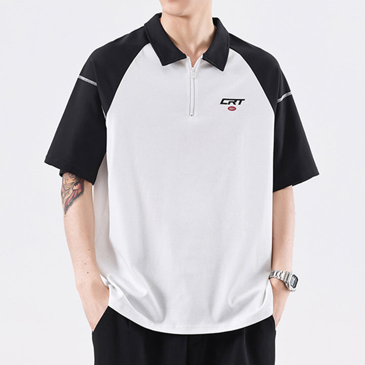 Lapel Short-sleeved Men's Stitching Contrast Color Zipper Polo Shirt T-shirt Top