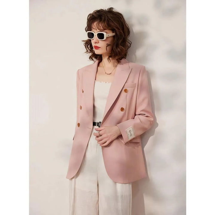 Spring Pink Double Breasted Blazer for Women - Stylish Office Suit Jacket