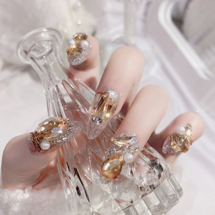 Luxury Glitter Crystal False Nails with Gold Rhinestone Decor