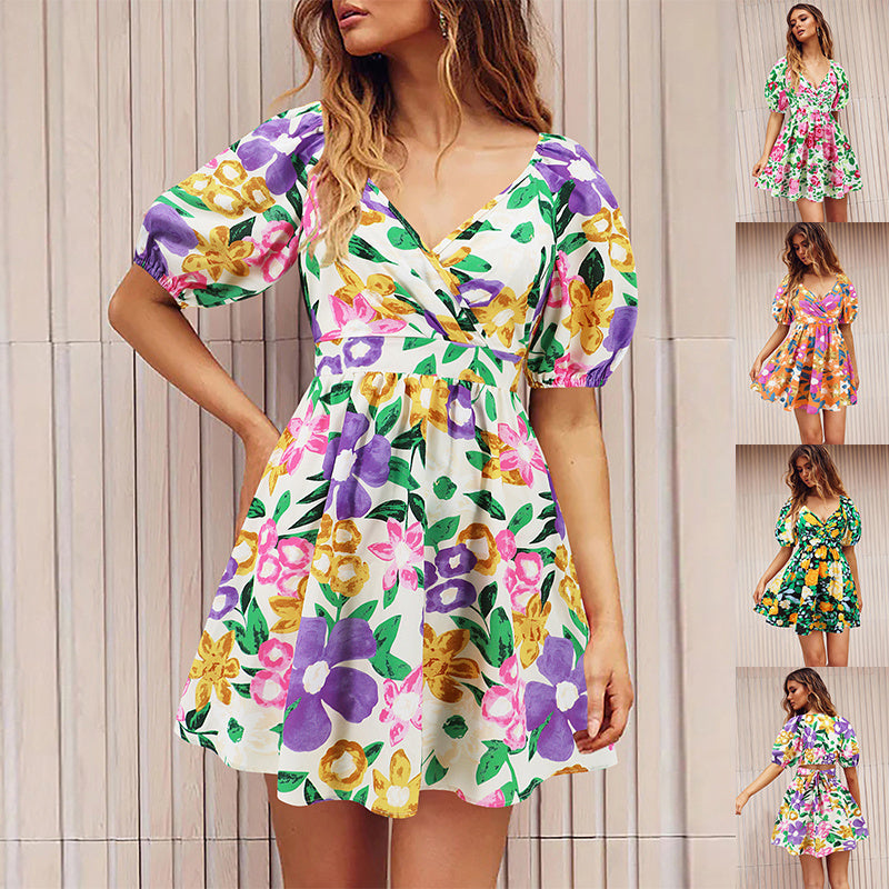 Flowers Print V-Neck Lantern-sleeve Dress Y2K Summer Vacation Beach Short Dresses Fashion Womens Clothing