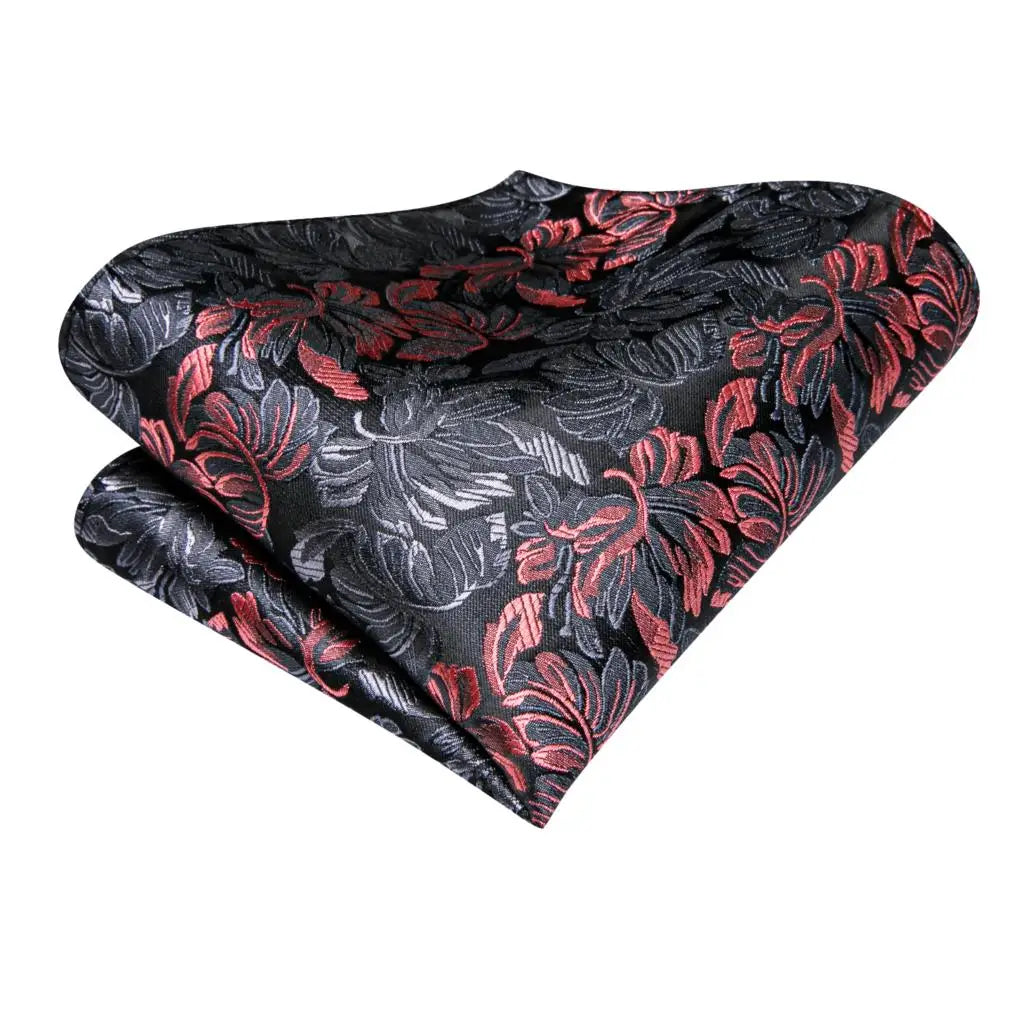 Elegant Floral Black and Red Silk Necktie Set for Men