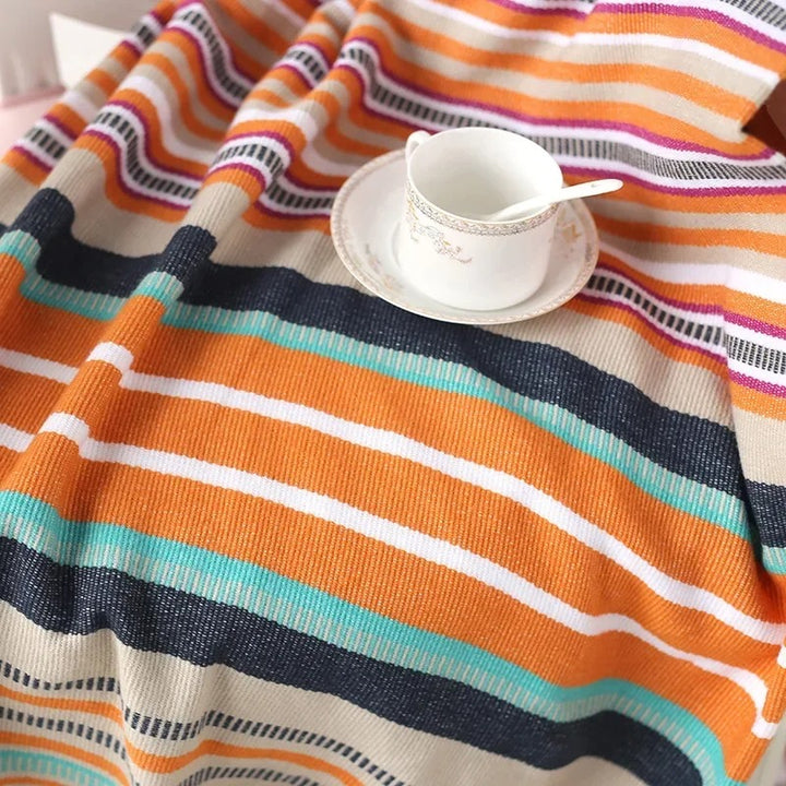 Boho Stripe Knitted Throw Blanket with Tassels