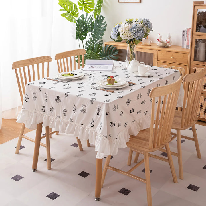 Embroidered Floral Cotton Tablecloth with Ruffled Edges