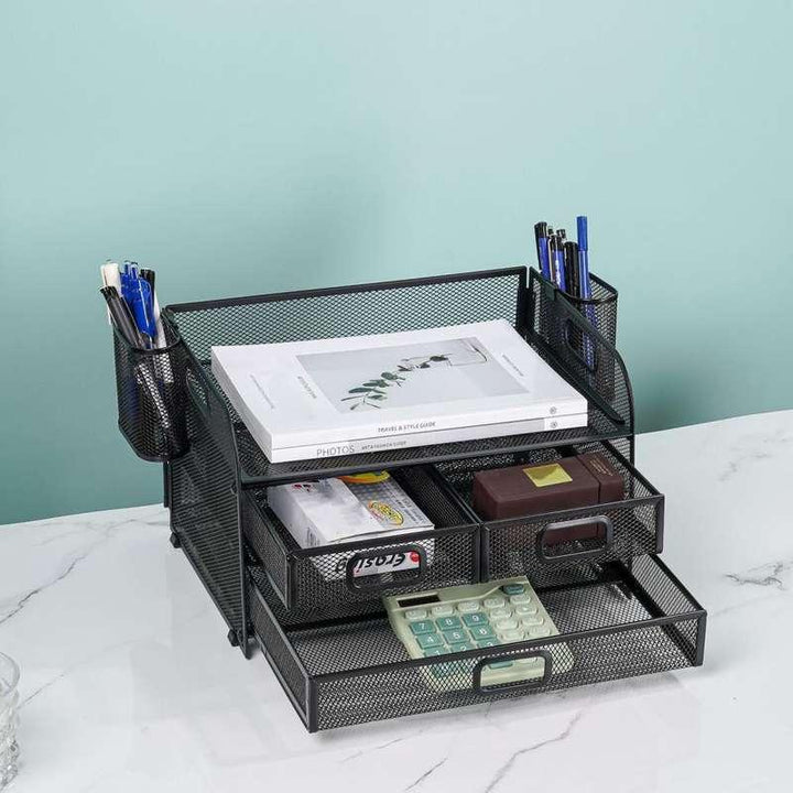 Efficient Mesh Desk Organizer with 3 Drawers and Pen Holders