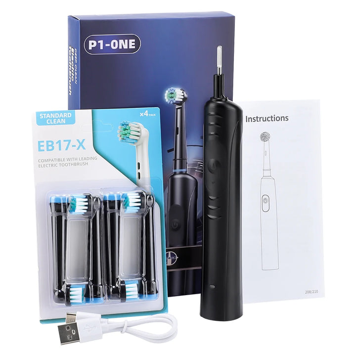 Rotary Electric Toothbrush for Adults – Smart Vibration with 3 Modes & 4 Replacement Heads