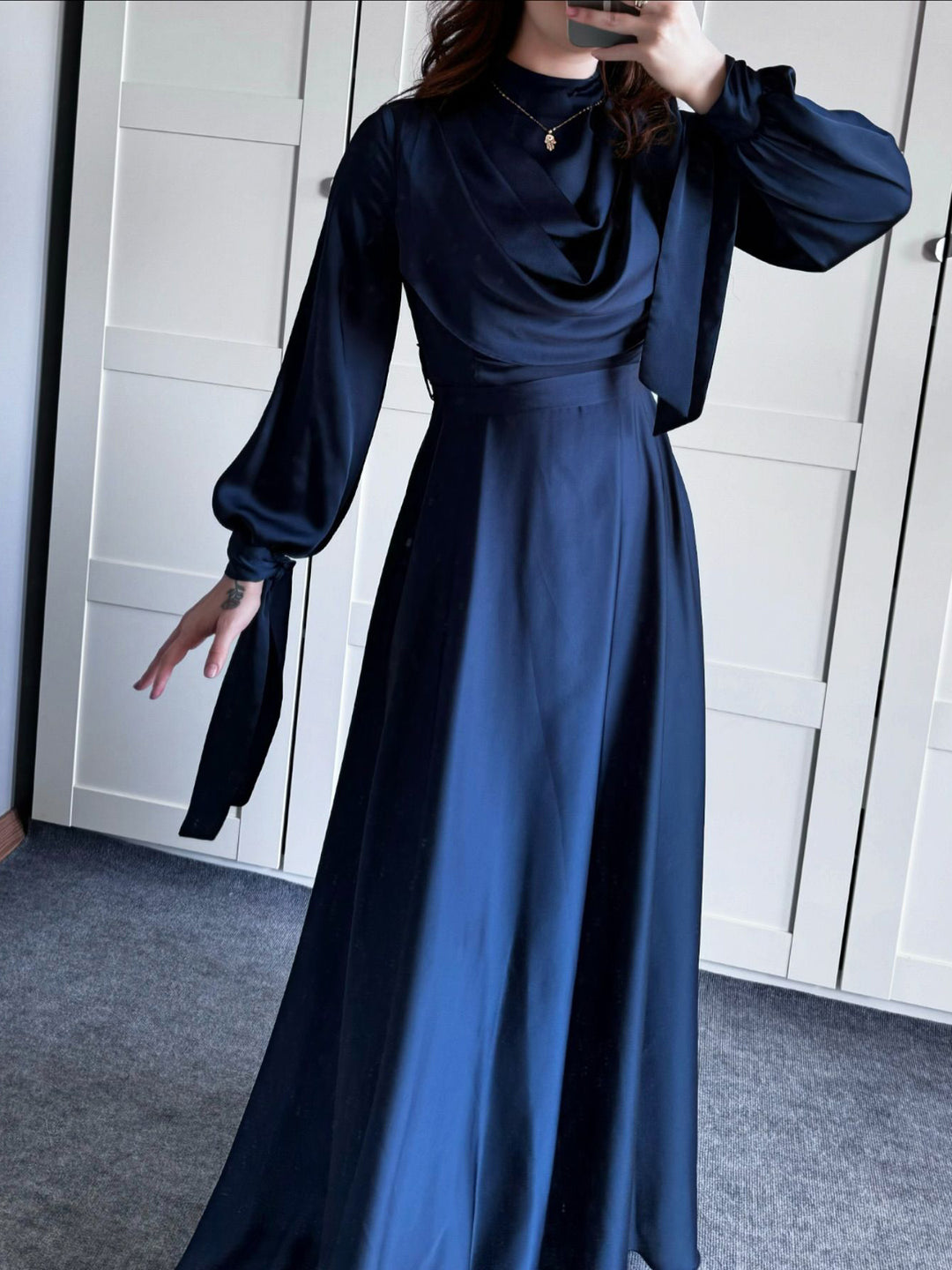 Satin Plunge Collar Long-Sleeve Strappy Maxi Dress