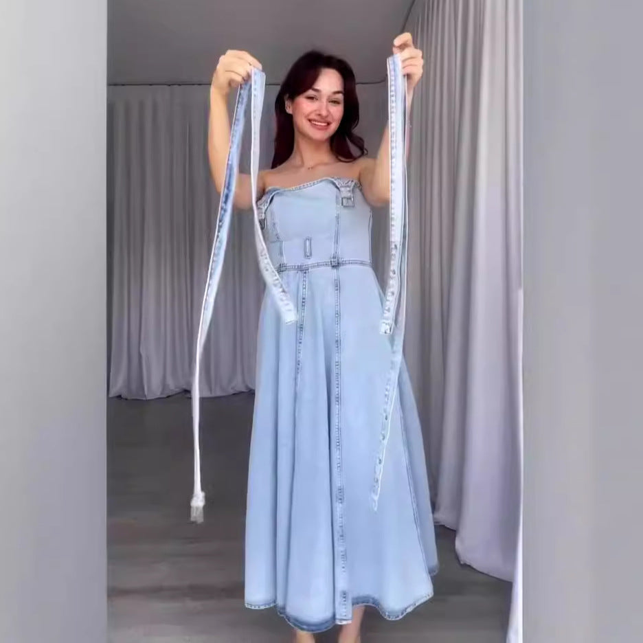 Sexy Denim Tied Spaghetti-strap Dress