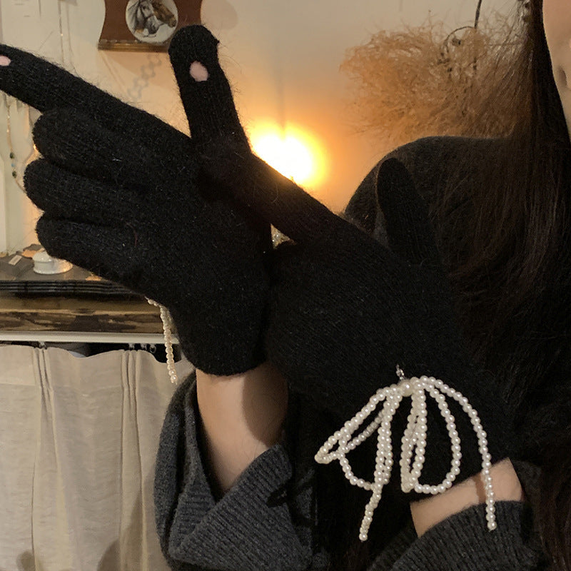 Wool Pearl Bow Finger Gloves Pearl Pendant Hat Macaron Color Rabbit Fur