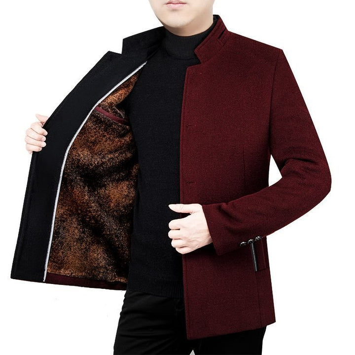 Middle-aged Men's Woolen Coat Velvet Stand Collar Dad Wear Autumn And Winter Fleece Padded