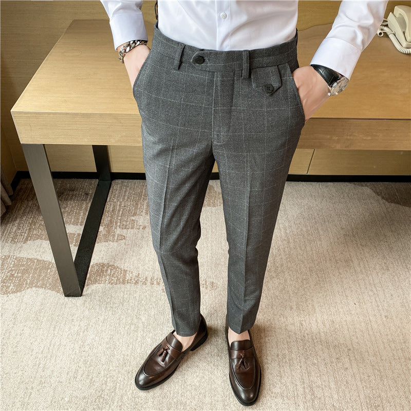 Korean Style British Classic Checkered Elegant Slim Fit Men's Best Man Pencil Pants Suit Pants