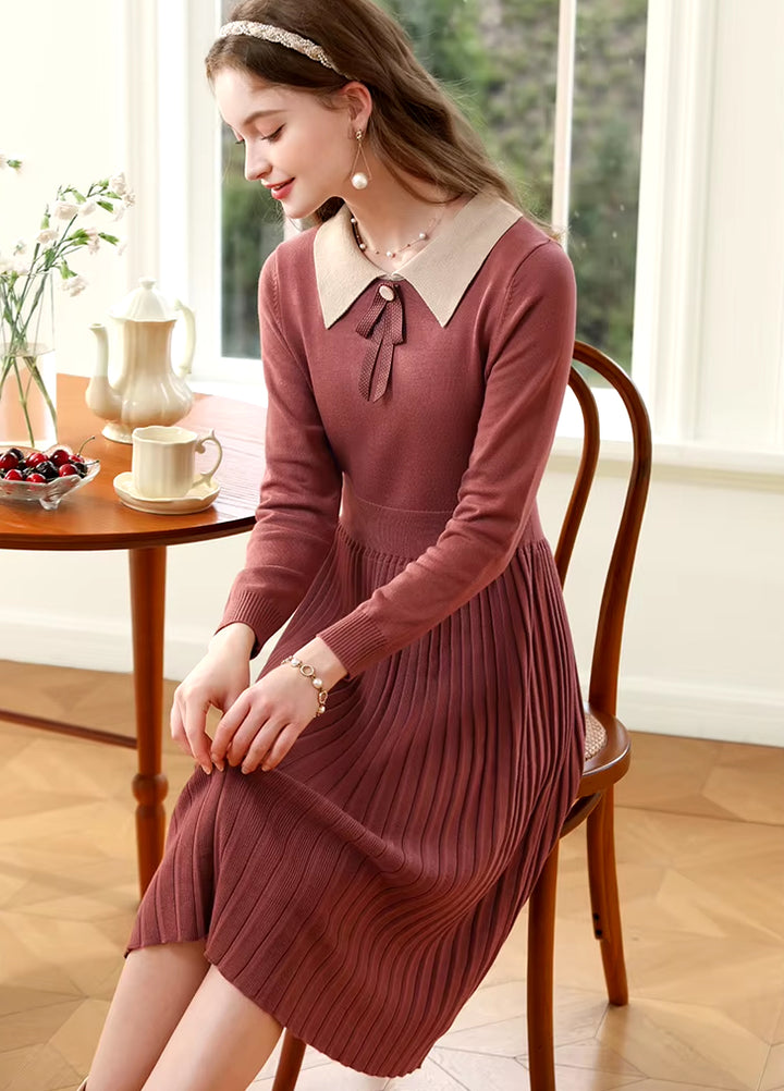 Winter Pleated A-Line Knit Dress with Bow Waist Fairycore Style