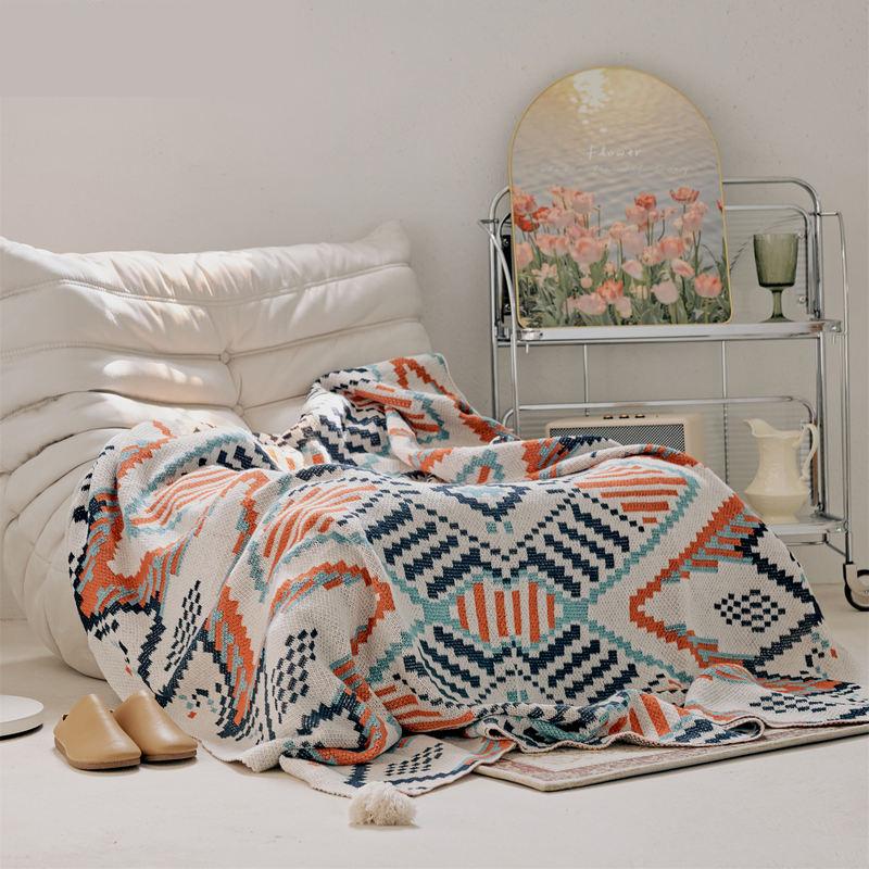 Boho Geometric Design Summer Thin Cotton Blanket for Bed and Sofa