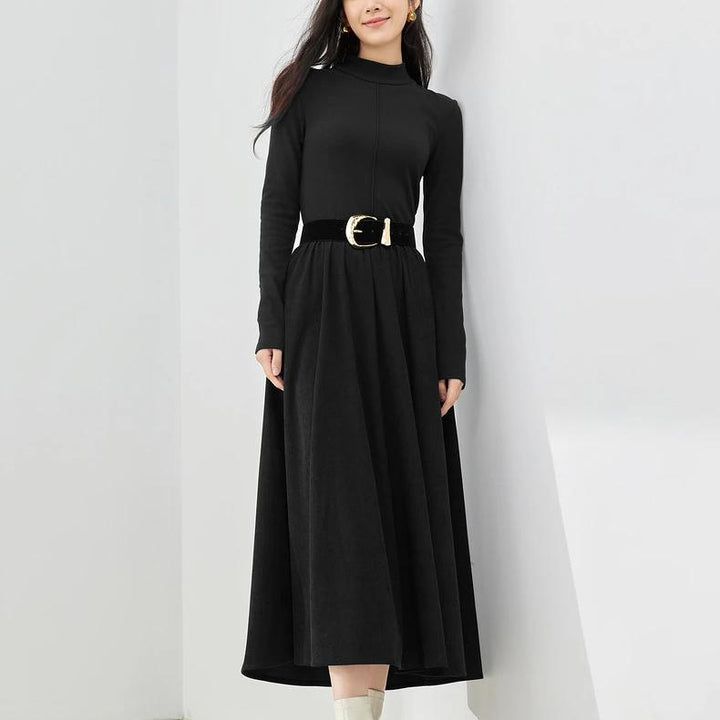 Women's Winter Long Sleeve Half High Collar Black Corduroy Dress