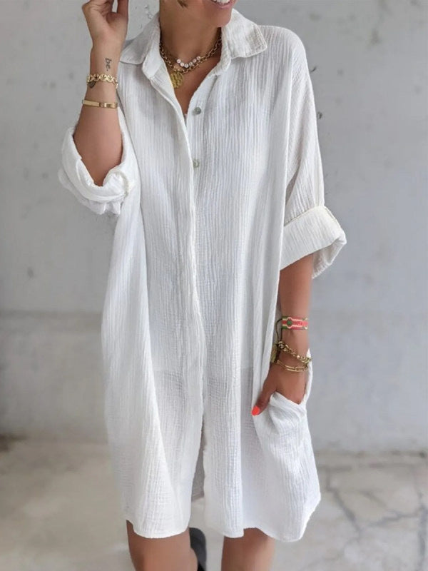 Long Shirt Women's Cotton And Linen Loose Solid Color Pocket Shirt Dress