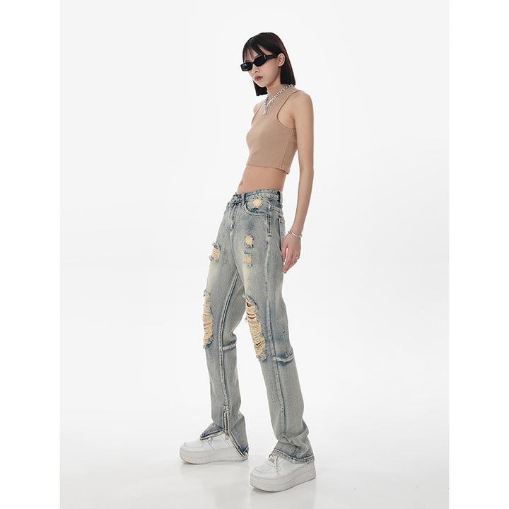 High Waist Ripped Straight Jeans for Women