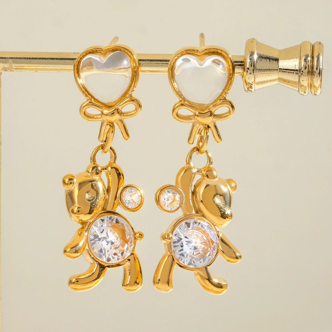 18K Gold Plated White Cat's Eye Stone & Zircon Panda Earrings