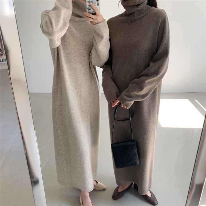 Cashmere Autumn And Winter Dress Women's Long Below The Knee Loose High Collar