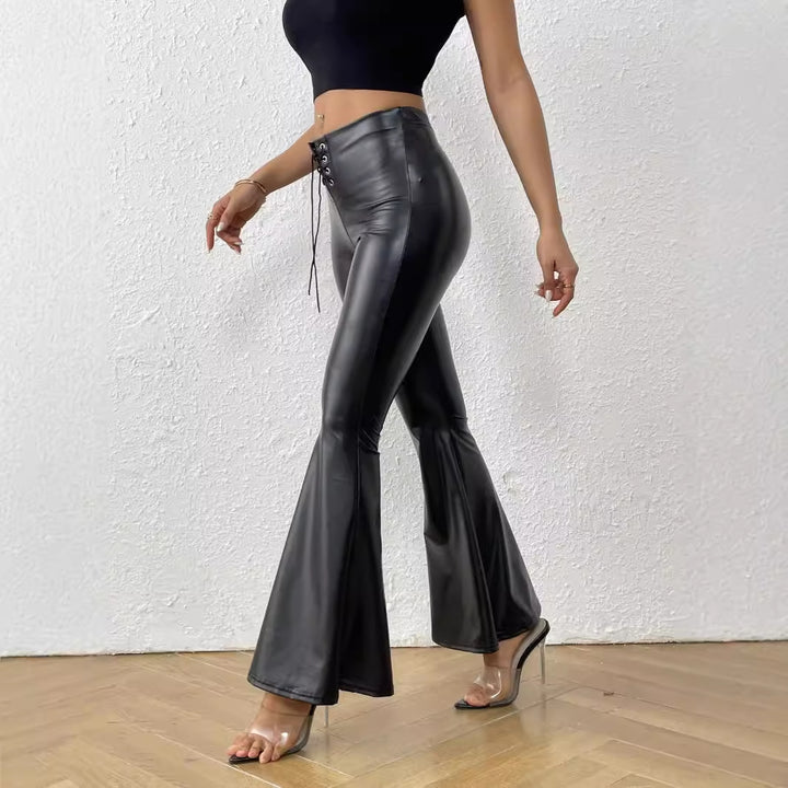 Bright Leather Elastic Waist Bell-bottom Pants