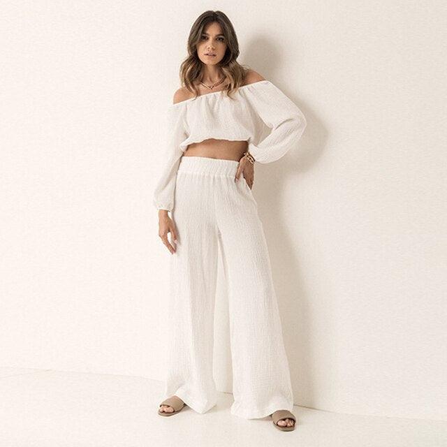 Crepe Cotton Long Sleeve Short Breathable Trousers, White Two-piece Set - Trendha