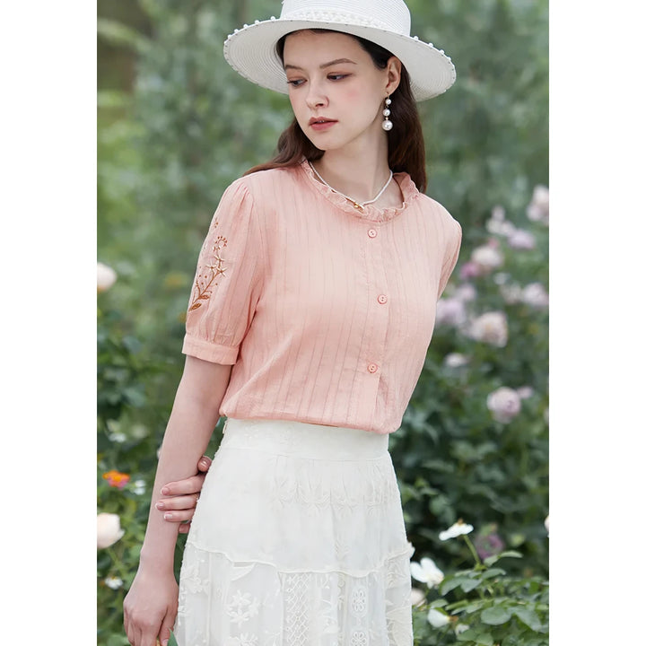 Elegant Floral Embroidered Summer Blouse with Stand Collar