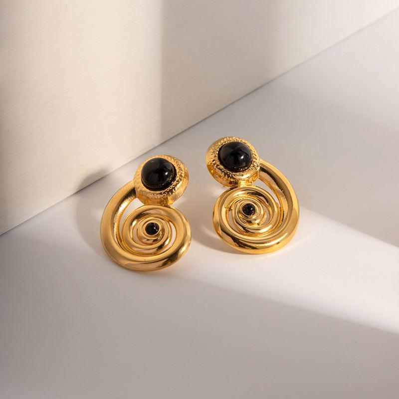 18K Gold Stainless Steel Spiral Hoop Earrings with Natural Stone Inlay