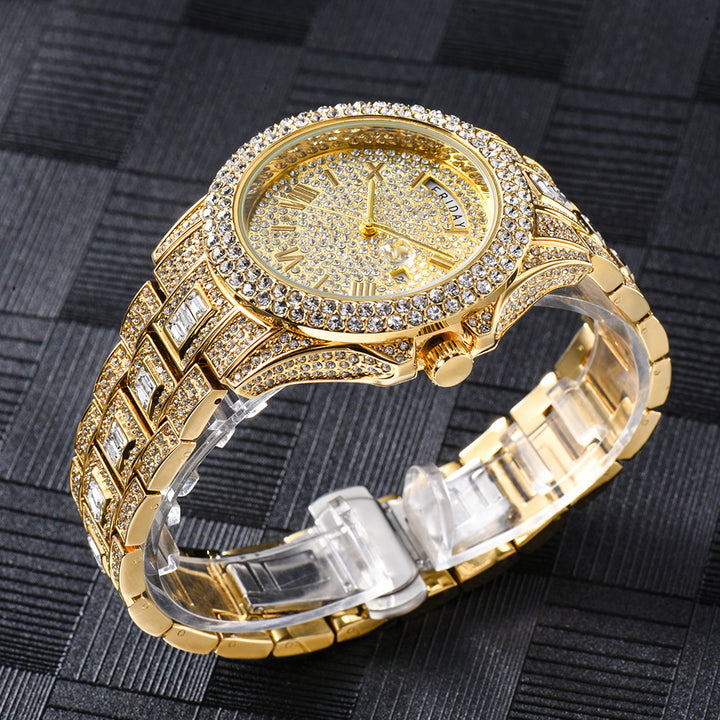 Outside The Watch Fashionable High-end Double Calendar Business Full Diamond Quartz