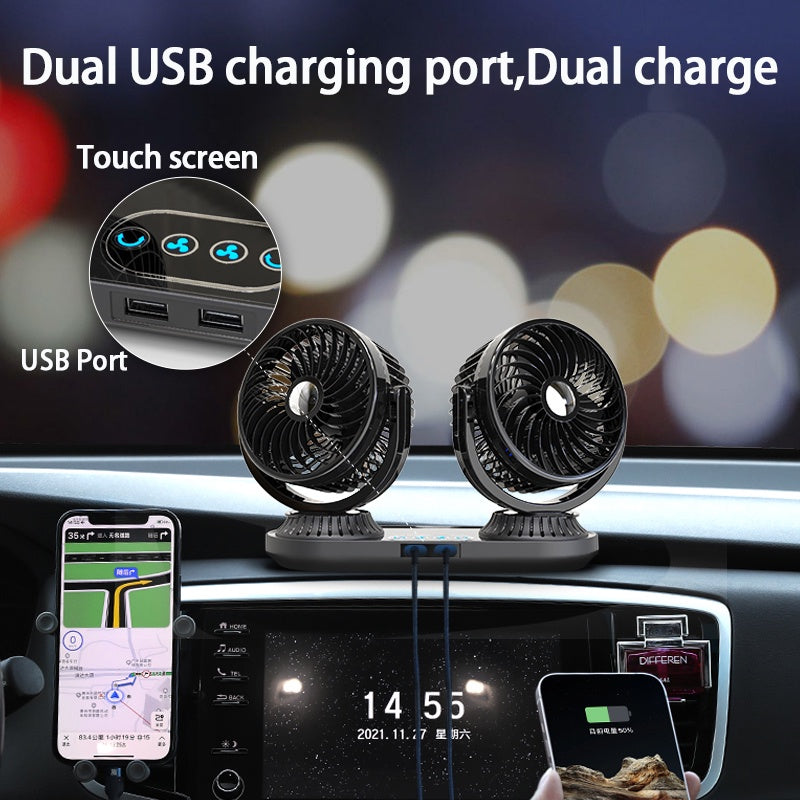 360° Dual Head Car Fan with USB Ports and Touch Control