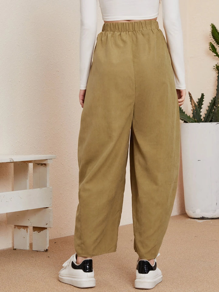 High-Waist Cotton Casual Trousers with Pockets - Loose Fit Autumn Pants