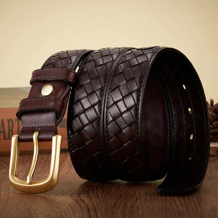 Men's Braided Leather Belt with Copper Buckle – Genuine Cowskin Strap for Jeans