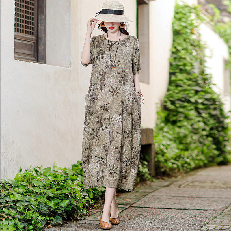 Women's Casual Versatile Cotton And Linen Floral Dress