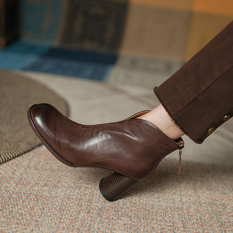 Stylish Cowhide Ankle Boots with Buckle and Thick Heel