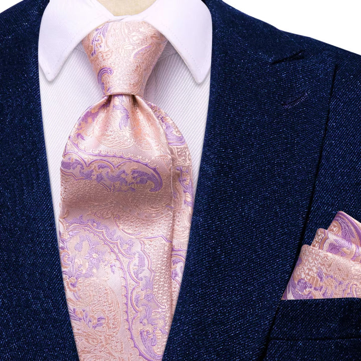 Chic Pink Plaid Silk Tie with Cufflinks and Handkerchief Set