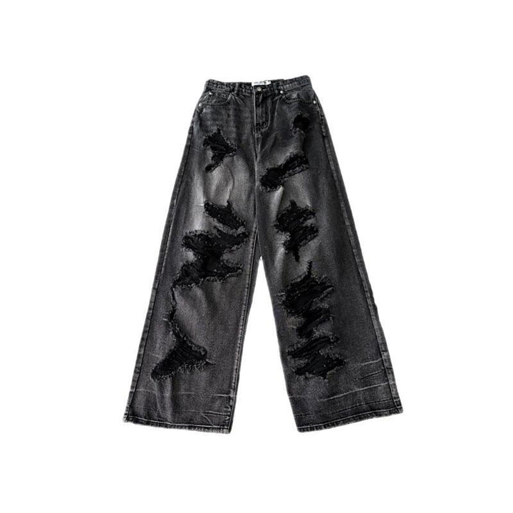 Dark black denim ripped wide leg jeans - Trendha